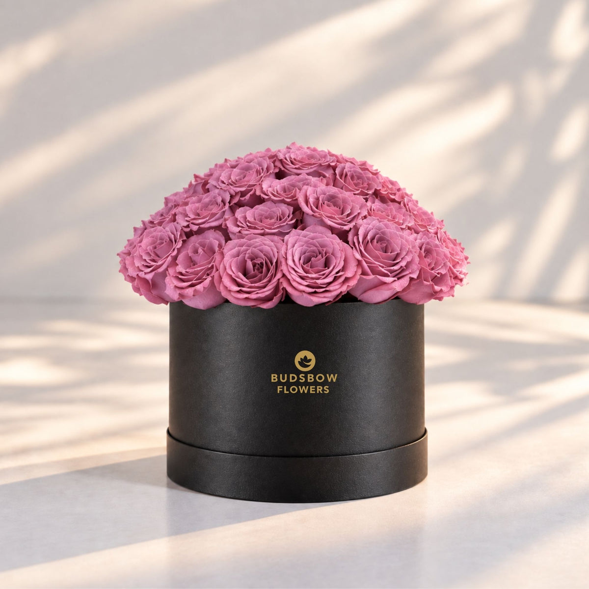 Classic Rose Box – Large, Purple roses in Black box