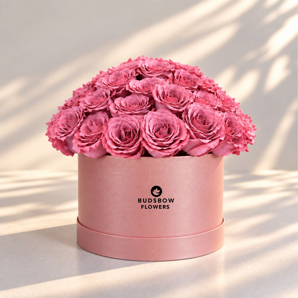 Classic Rose Box – Large, Purple roses in Blush Pink box