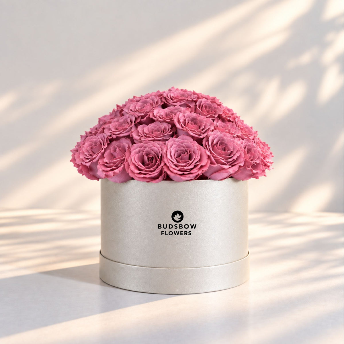 Classic Rose Box – Large, Purple roses in Cream White box