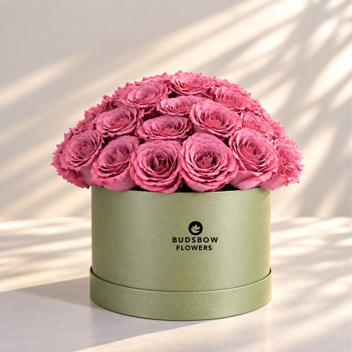 Classic Rose Box – Large, Purple roses in Olive Green box