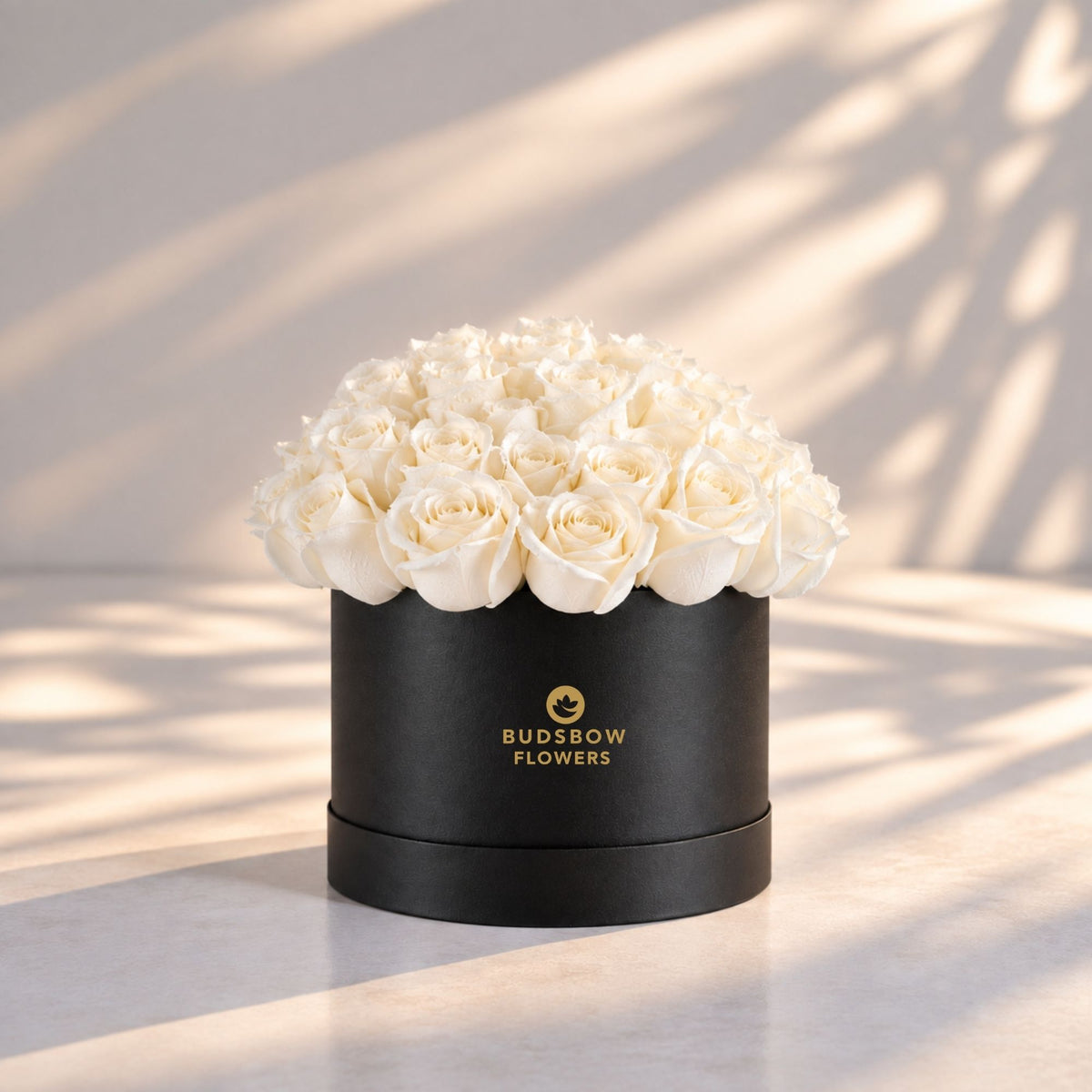 Classic Rose Box – Large, White roses in Black box