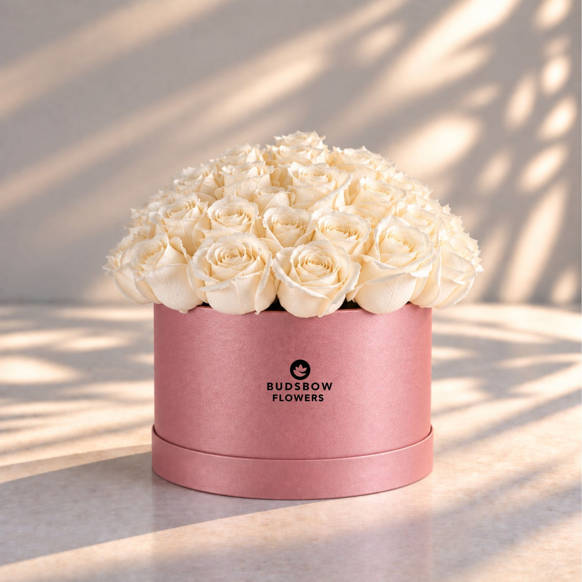 Classic Rose Box – Large, White roses in Blush Pink box