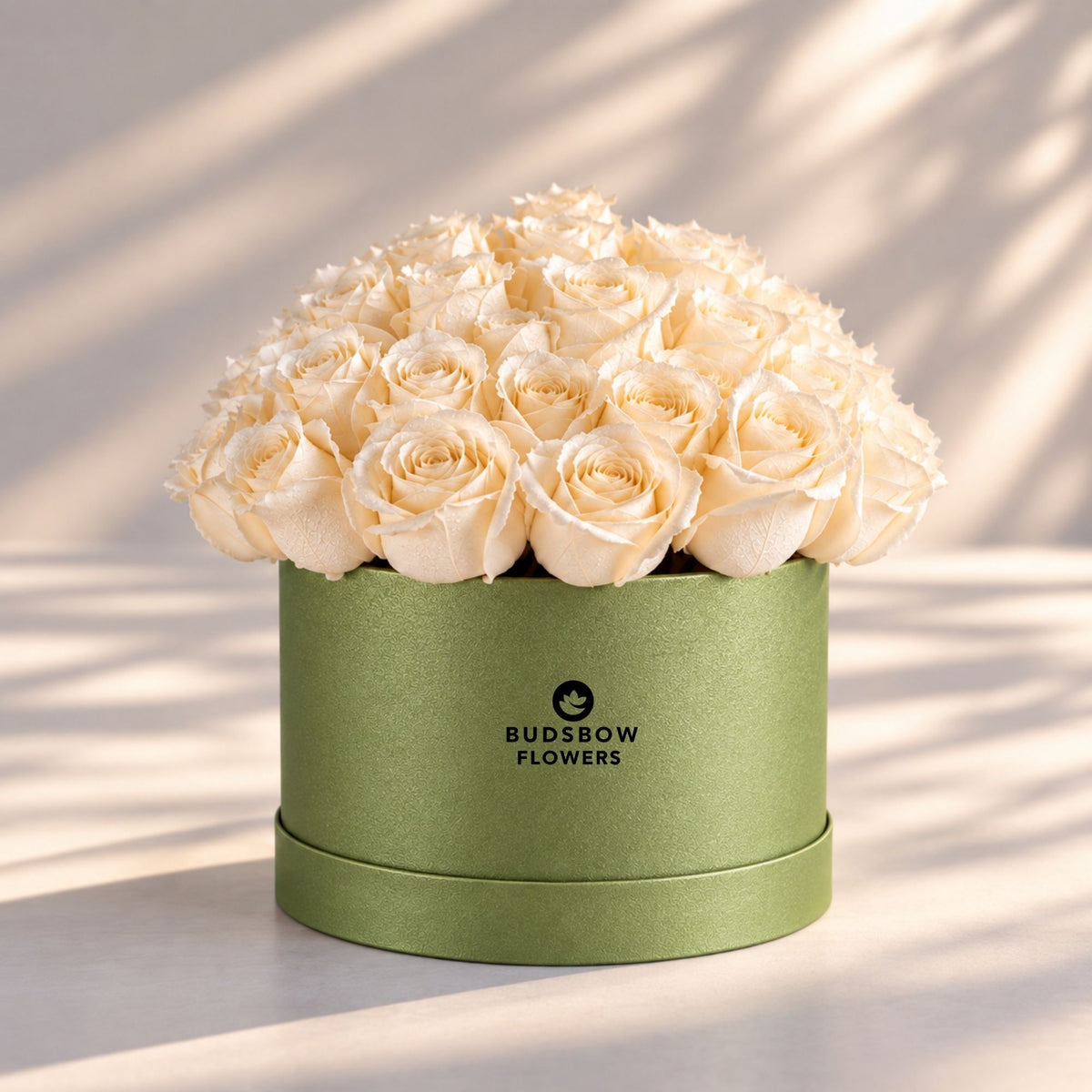 Classic Rose Box – Large, White roses in Olive Green box