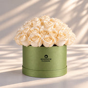 Classic Rose Box – Large, White roses in Olive Green box