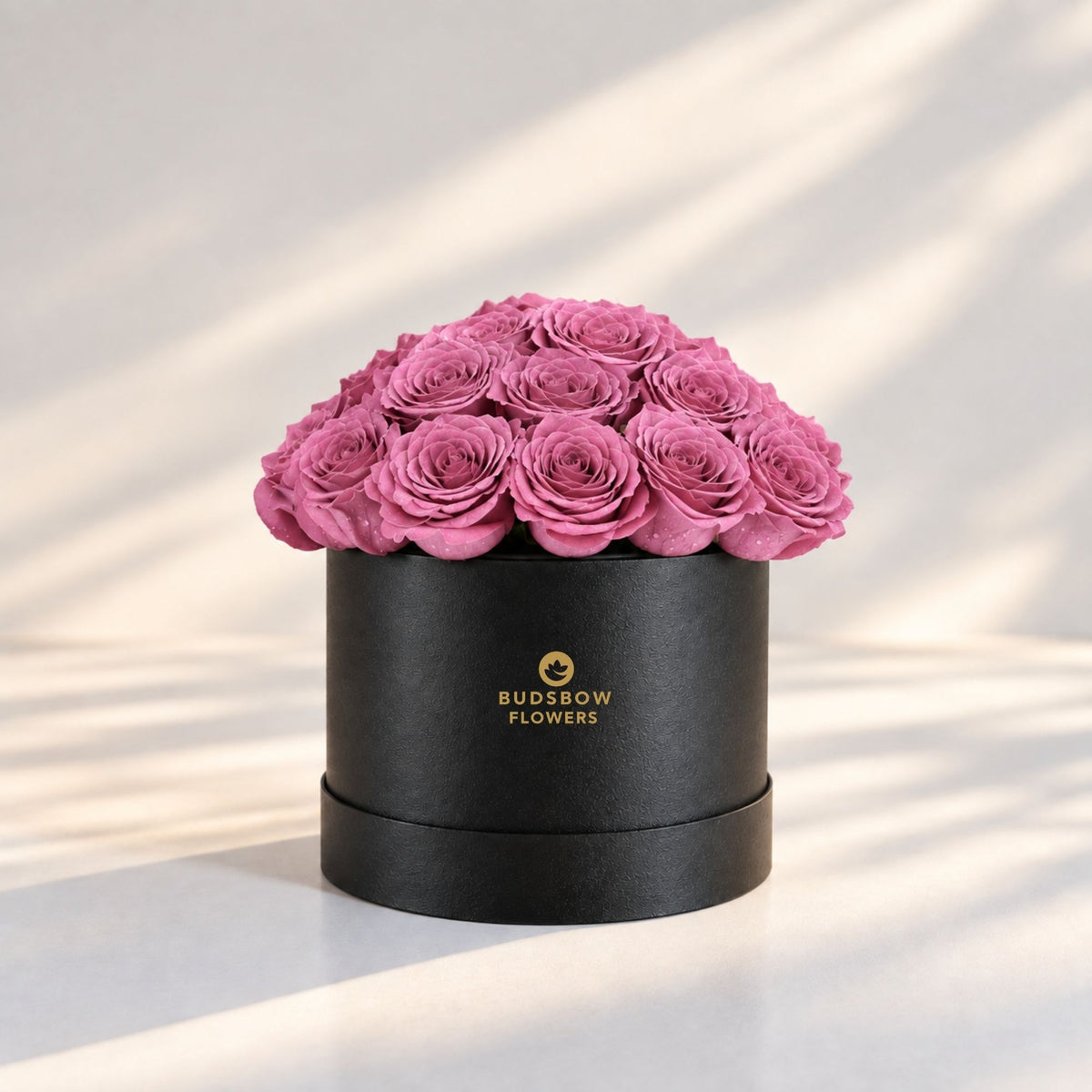 Classic Rose Box – Medium, Purple roses in Black box