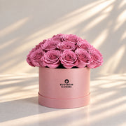 Classic Rose Box – Medium, Purple roses in Blush Pink box