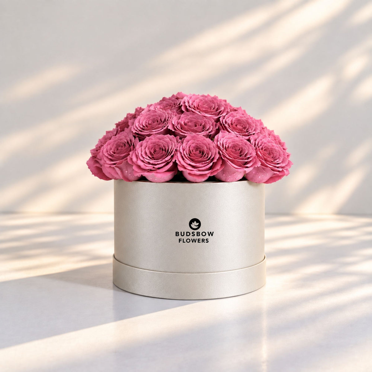 Classic Rose Box – Medium, Purple roses in Cream White box