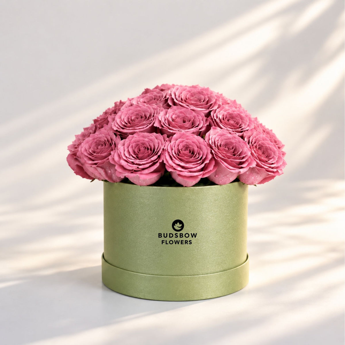Classic Rose Box – Medium, Purple roses in Olive Green box
