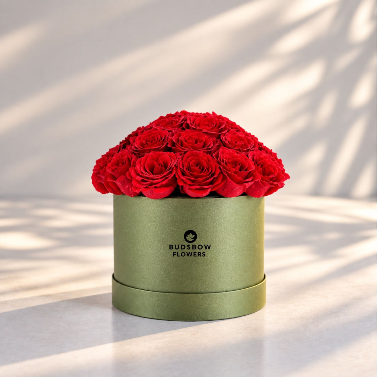 Classic Rose Box – Medium, Red roses in Olive Green box