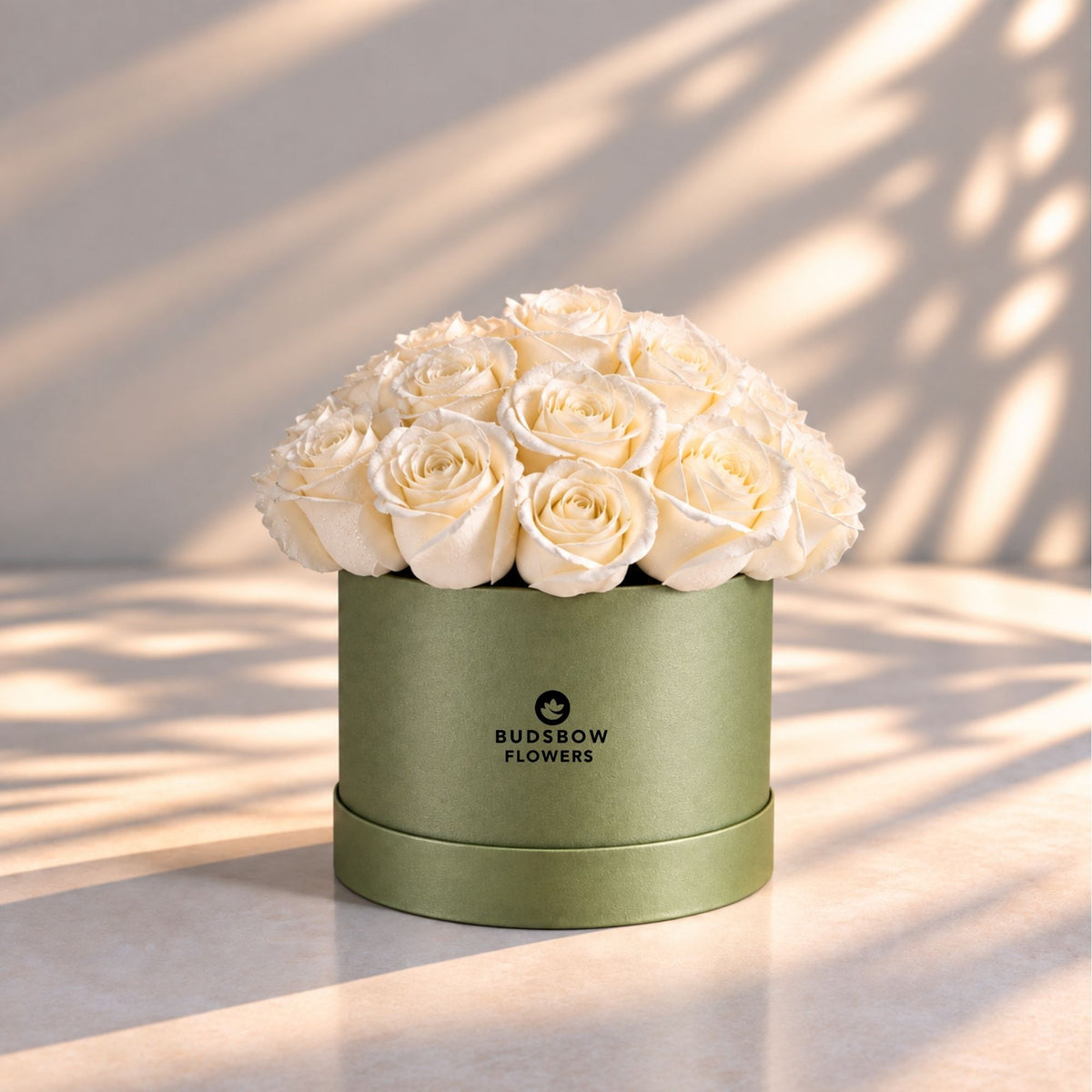 Classic Rose Box – Medium, White roses in Olive Green box