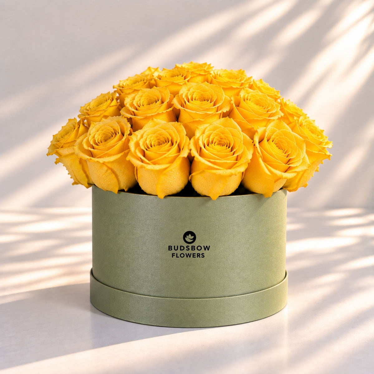 Classic Rose Box – Medium, Yellow roses in Olive Green box