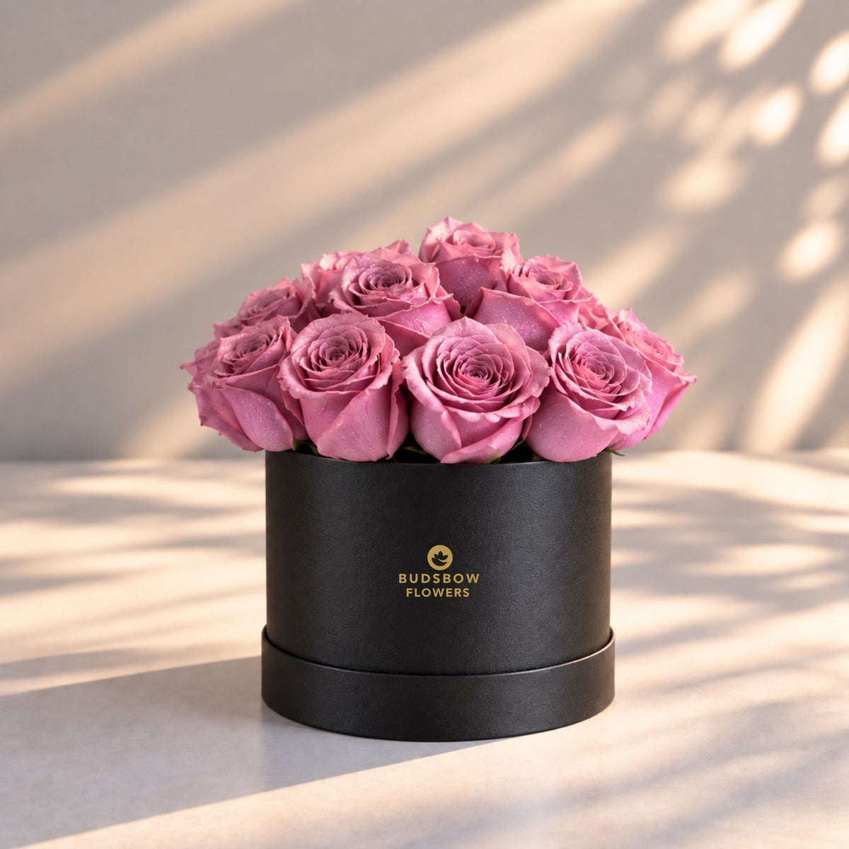 Classic Rose Box – Small, Purple roses in Black box