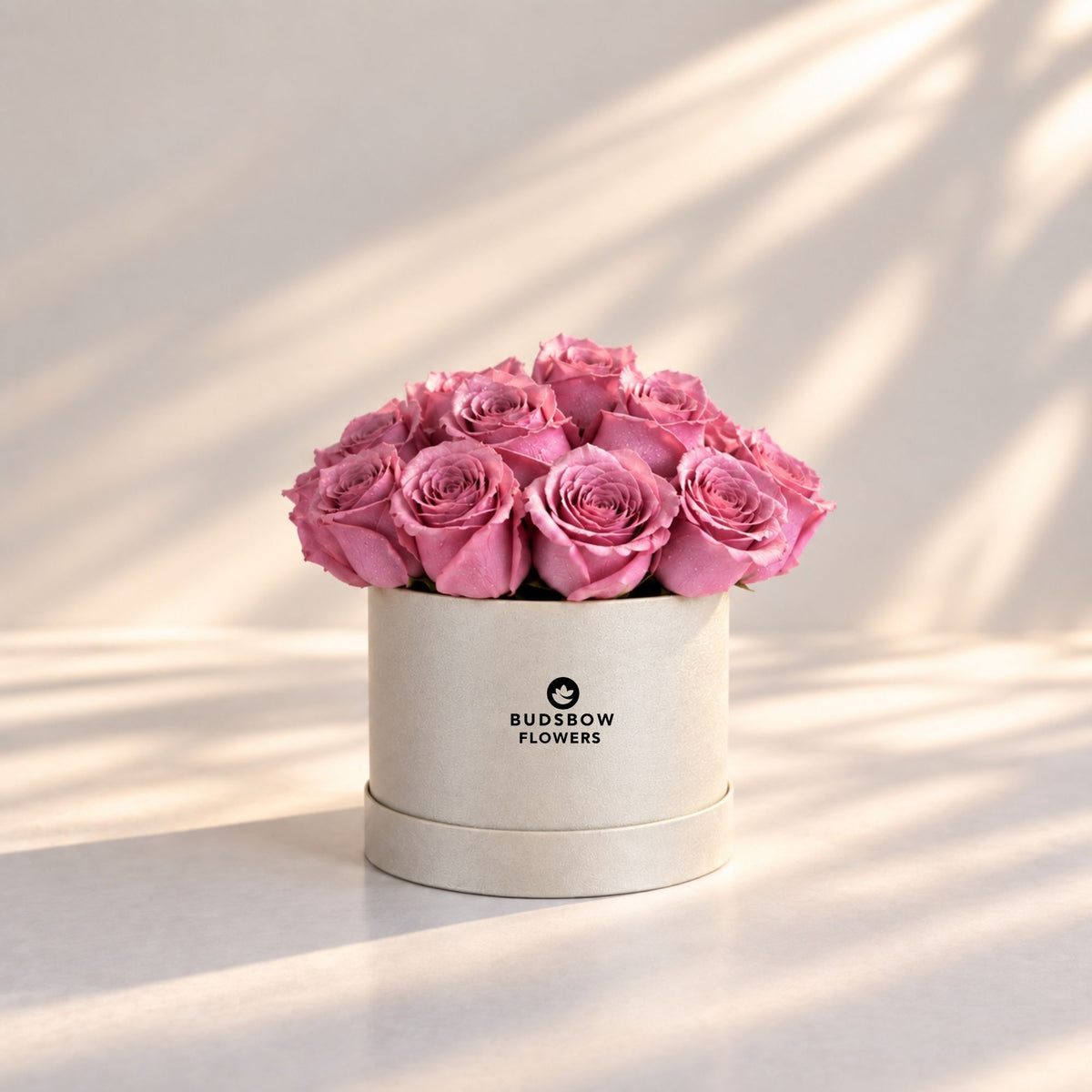 Classic Rose Box – Small, Purple roses in Cream White box