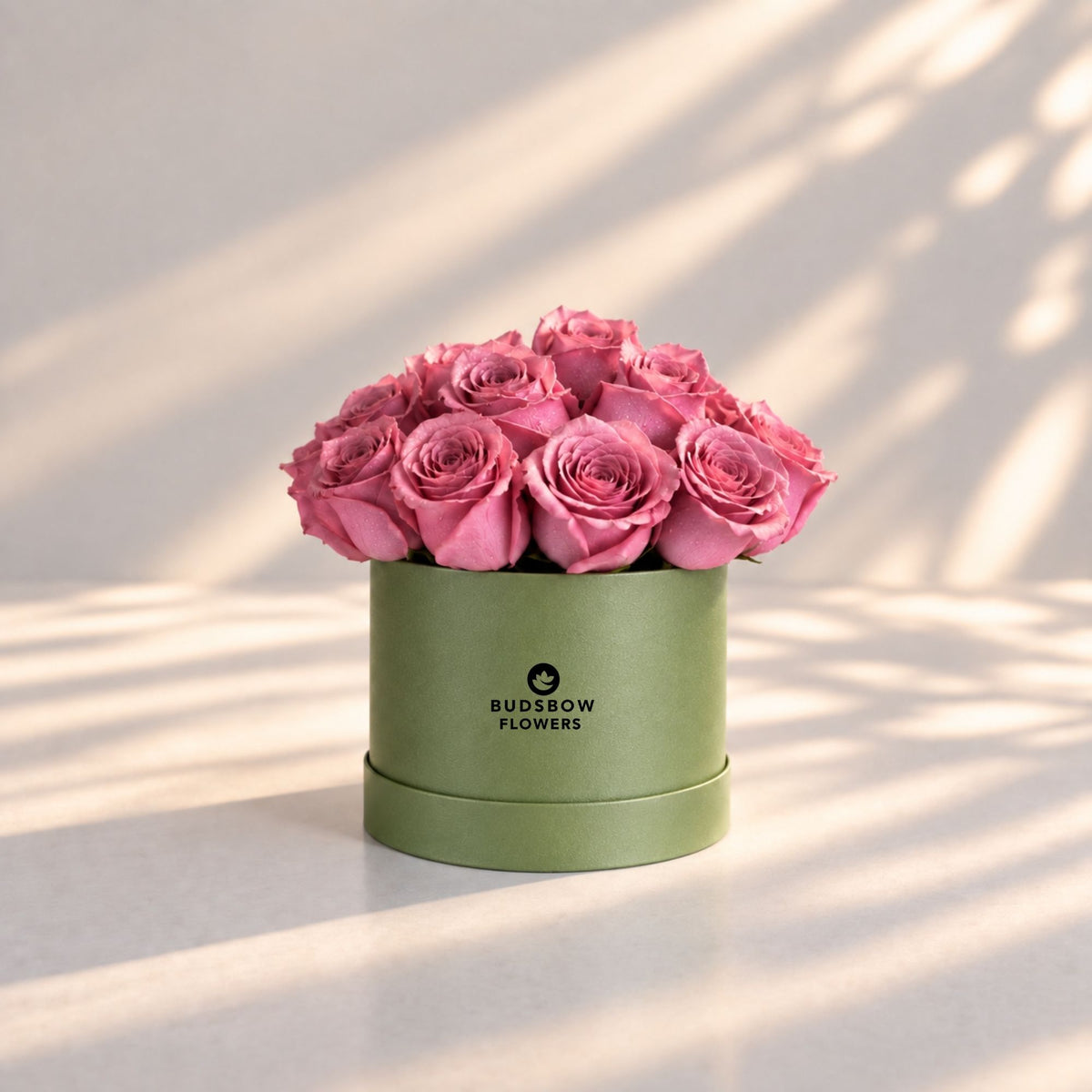 Classic Rose Box – Small, Purple roses in Olive Green box