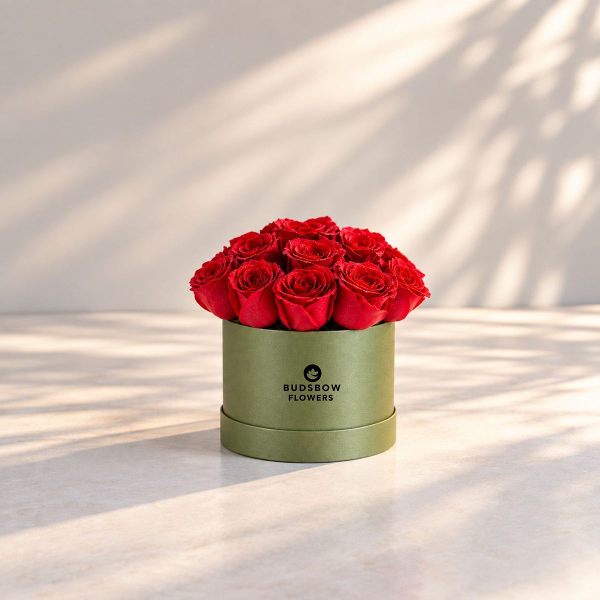 Classic Rose Box – Small, Red roses in Olive Green box