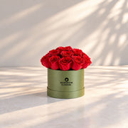 Classic Rose Box – Small, Red roses in Olive Green box