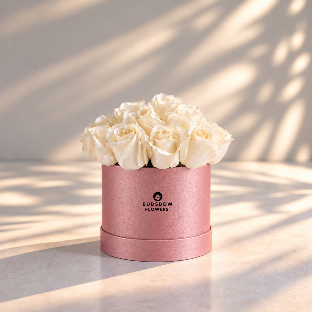Classic Rose Box – Small, White roses in Blush Pink box