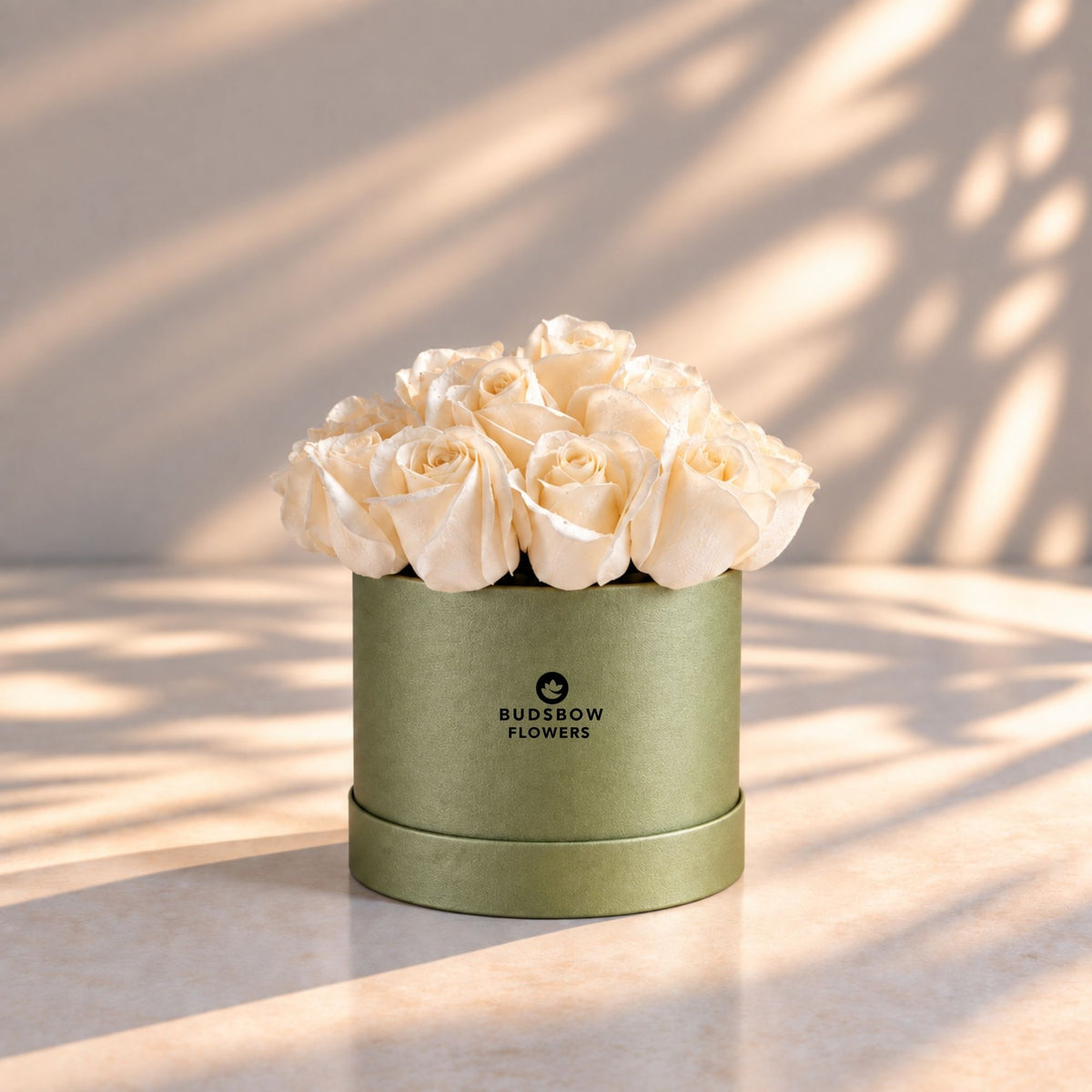 Classic Rose Box – Small, White roses in Olive Green box