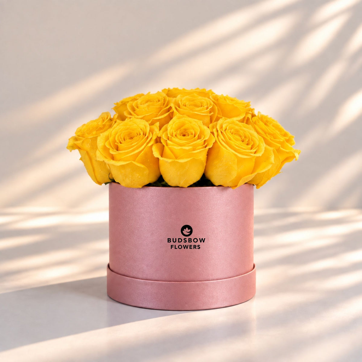 Classic Rose Box – Small, Yellow roses in Blush Pink box