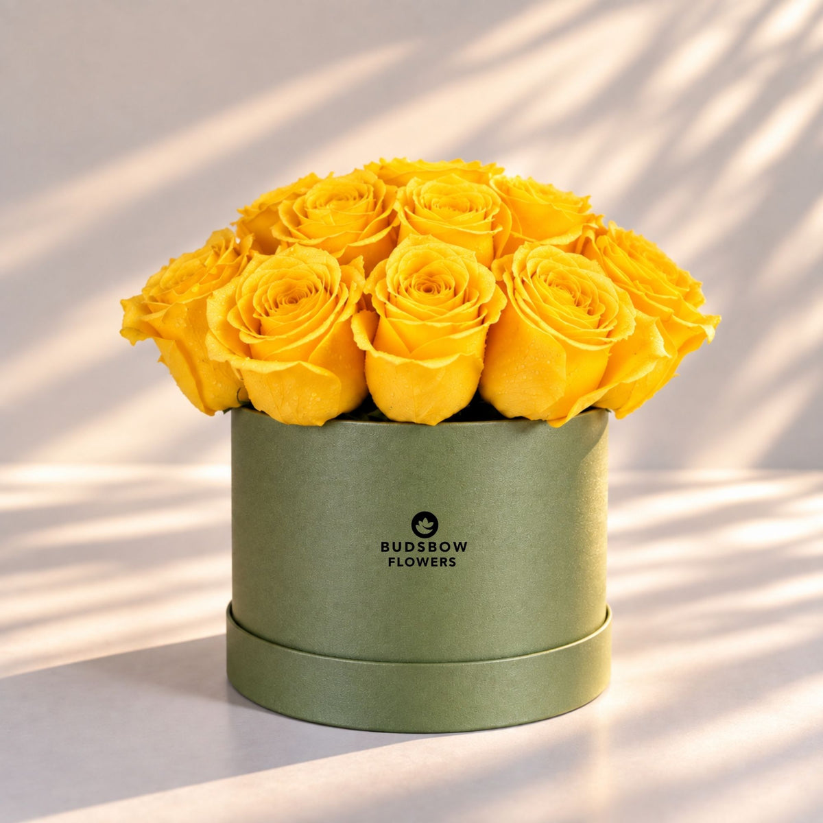 Classic Rose Box – Small, Yellow roses in Olive Green box