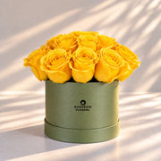 Classic Rose Box – Small, Yellow roses in Olive Green box